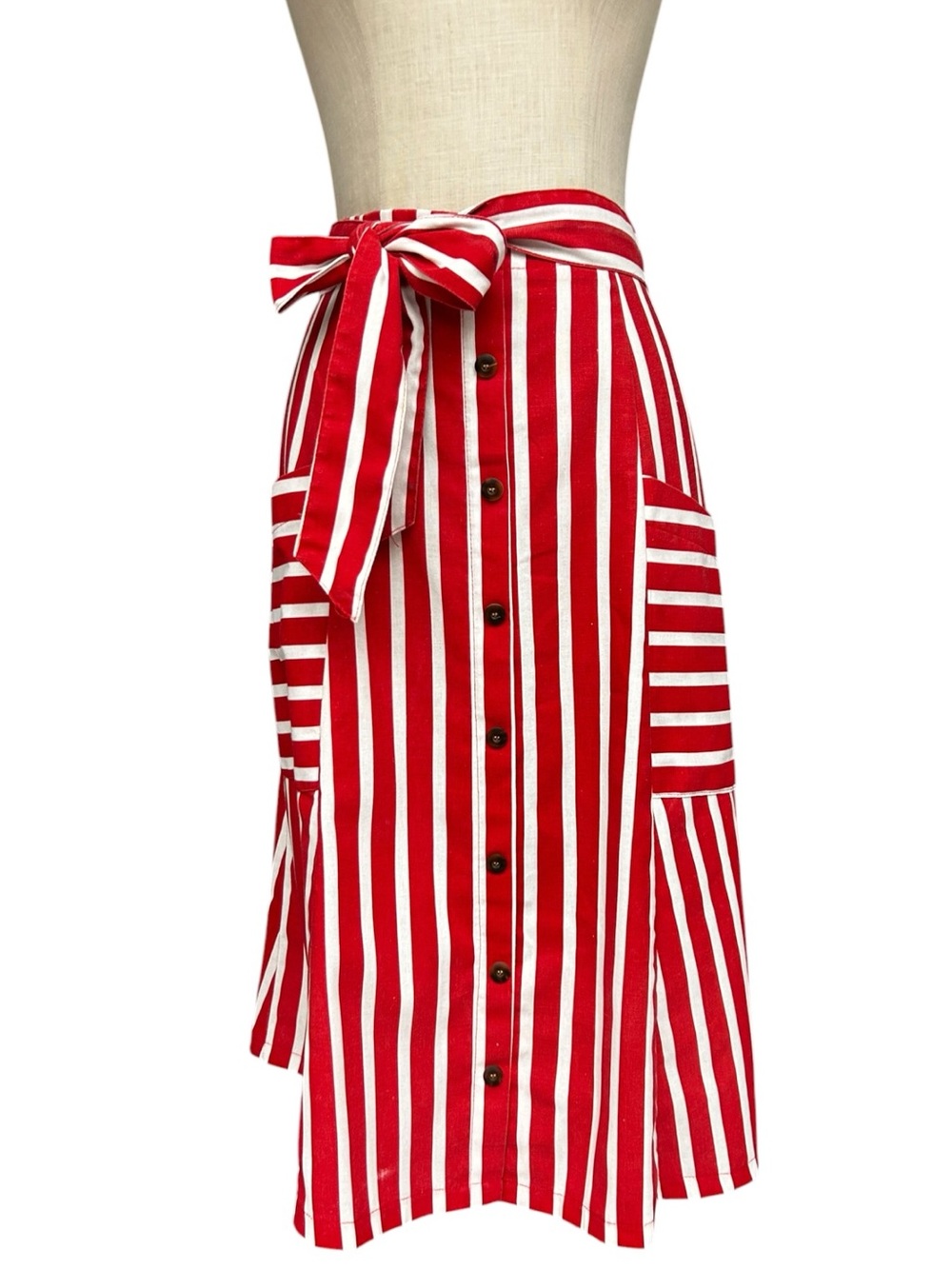 MetroWear Red White Striped Linen Blend Button Front Tie Waist Midi Skirt Large